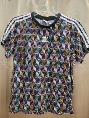 adidas Black Tee with Mint Pink and Yellow Geometric Print